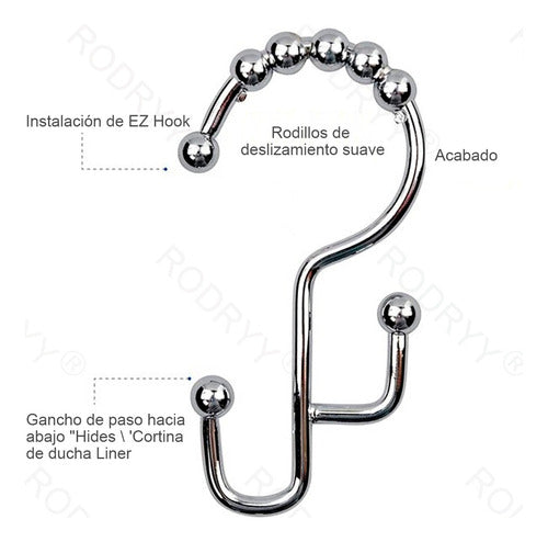 12 Ganchos Cortinas Baño Ducha Metálicos Deslizantes Norplat Plateado