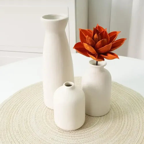 3 Floreros Norplat - Jarron Cerámica Decorativos Para Mesa Blanco Lisa
