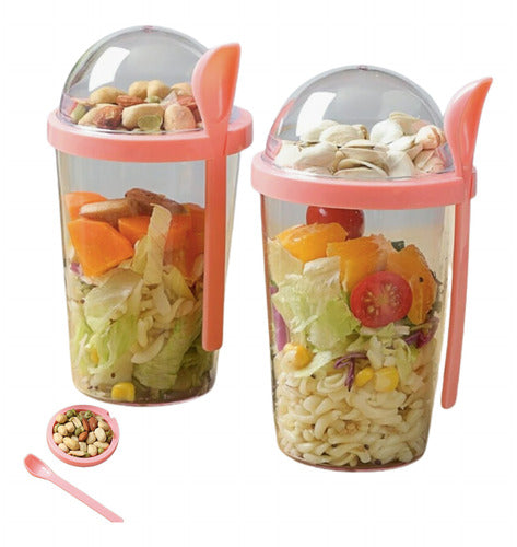 Norplat Set 2 Vasos Yogurt Cereal 400ml Tapa Cuchara Pote Rosa