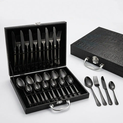 Set 24 Cubiertos De Lujo Norplat Juego Cuchilleria En Maleta Negro