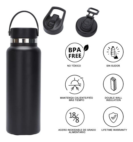 Termo Botella Agua Termica Acero Inoxidable 740ml + 3 Tapas Negro
