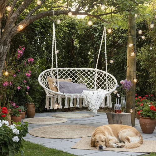 Silla Hamaca 2 Plazas Colgante Artesanal De Macrame Norplat Macramé Beige Claro