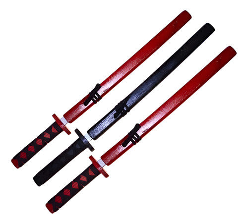 Pack 3 Katana Japonesa Madera Entrenamiento 73cm - Norplat Rojo Y Negro