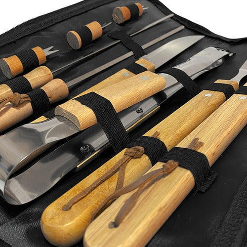 Set Parrillero 10 Herramientas Con Bolso Kit Asado - Norplat Madera Clara