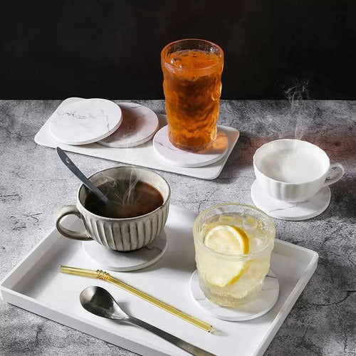 6 Posavasos Cerámica Corcho Con Soporte Para Mesa - Norplat Mármol Blanco