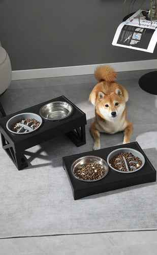 Comedero-bebedero Para Perros Altura Ajustable - Plato Acero Negro