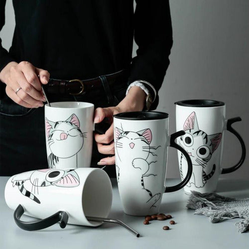 Taza Tazón Grande Gato 650ml Tapa Cuchara Bombilla - Norplat 01 - Blanco