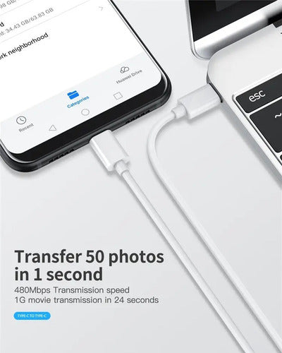 Cable Tipo C A C - Usb C Usbc - Carga Rápida 60w - Norplat Blanco