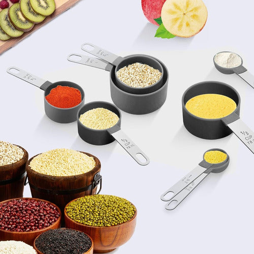 4 Cucharas + 4 Tazas Medidora Mango Acero Inoxidable Norplat Negro