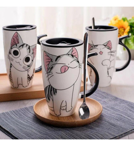 Taza Tazón Grande Gato 650ml Tapa Cuchara Bombilla - Norplat 01 - Blanco