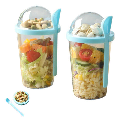 Norplat Set 2 Vasos Yogurt Cereal 400ml Tapa Cuchara Pote Azul Claro