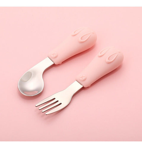 Set De Cubiertos Niño Niña Bebe Cuchara Tenedor Con Estuche Rosa