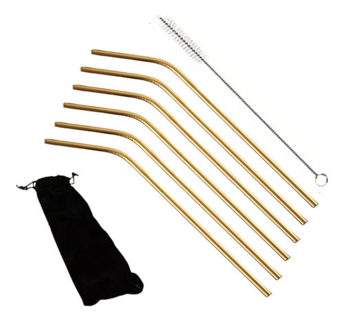 Set 6 Bombillas Bebida Reusable Bolsa + Limpiador - Norplat Dorado