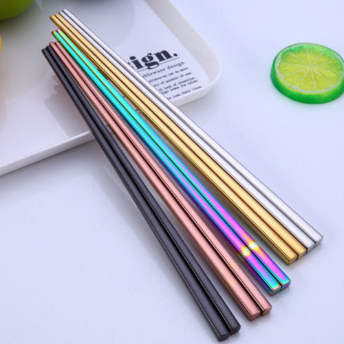 Juego 5 Pares Palillos Chinos Reutilizables Acero Inoxidable