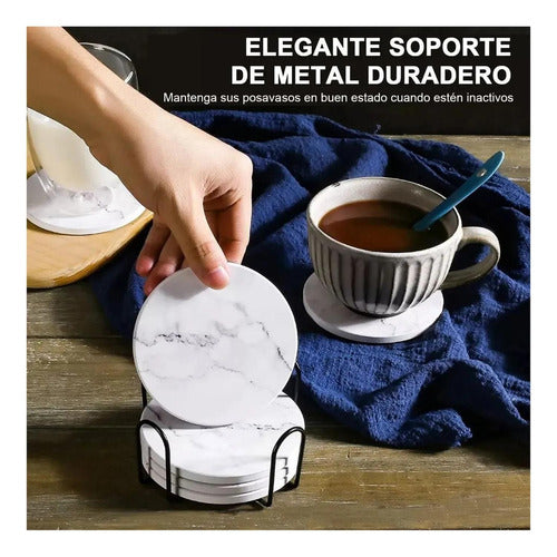 6 Posavasos Cerámica Corcho Con Soporte Para Mesa - Norplat Mármol Blanco