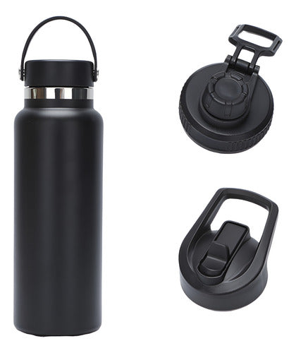 Termo Botella Agua Termica Acero Inoxidable 740ml + 3 Tapas Negro