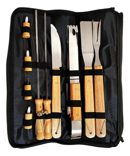 Set Parrillero 10 Herramientas Con Bolso Kit Asado - Norplat Madera Clara
