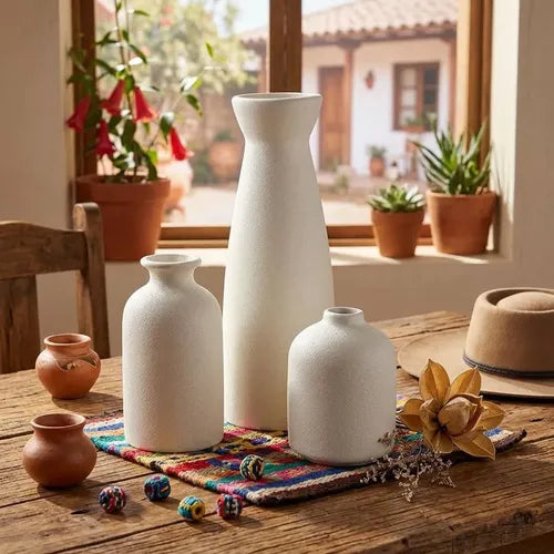 3 Floreros Norplat - Jarron Cerámica Decorativos Para Mesa Blanco Lisa
