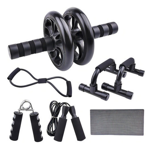 Set Deportivo 7 En 1 Rodillo Rueda Abdominal Cuerda Norplat Negro