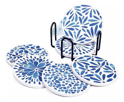 6 Posavasos Cerámica Corcho Con Soporte Para Mesa - Norplat Azul Hojas