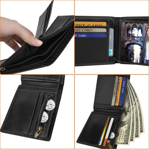 Billetera Hombre Tarjetero Antirrobo Rfid Cuero - Norplat Negro Liso