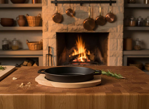 Sartén Cacerola Norplat Hierro Fundido Ovalado + Base Madera Negro