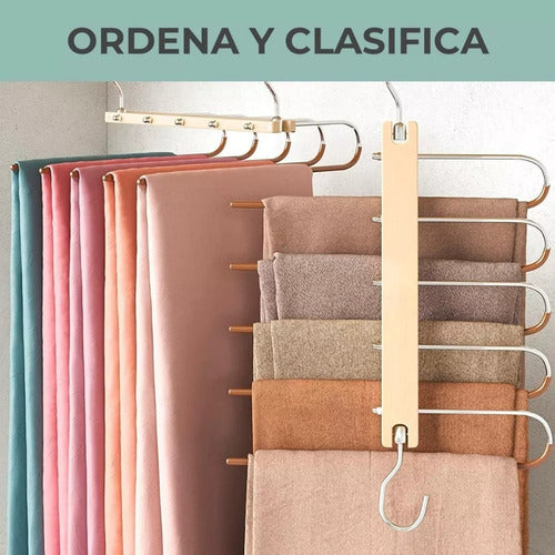 Colgador Pantalones Ganchos 5 En 1 Antideslizante - Norplat Madera