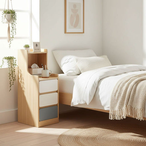 Velador Angosto Alto De Madera 3 Cajones 25*34*87cm Norplat Mate Madera