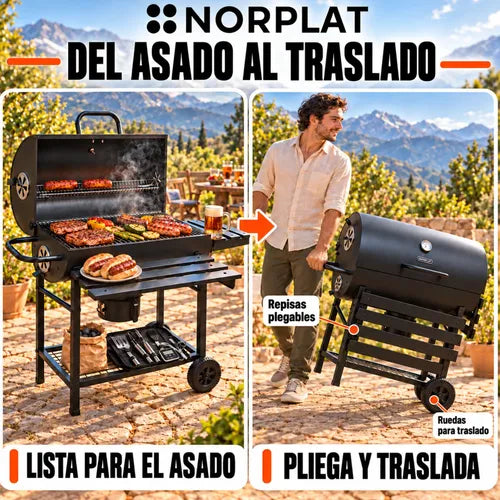 Parrilla Carbón Olavi Norplat Bbq Grill Asado Con Tapa Rueda Negro