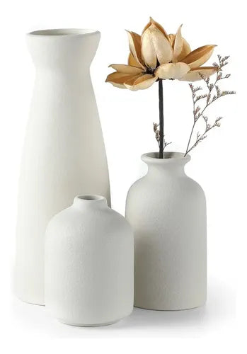 3 Floreros Norplat - Jarron Cerámica Decorativos Para Mesa Blanco Lisa