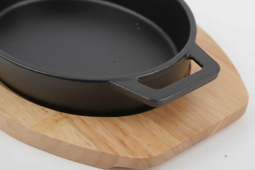 Sartén Cacerola Norplat Hierro Fundido Ovalado + Base Madera Negro
