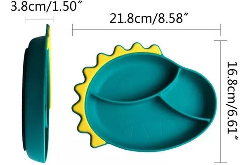 Set Plato De Silicona Dinosaurio Para Bebé Niños + Cubierto Verde Agua / Celeste