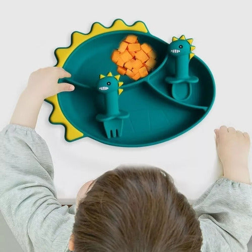 Set Plato De Silicona Dinosaurio Para Bebé Niños + Cubierto Verde Agua / Celeste