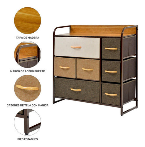 Cajonera Comoda Norplat 7 Cajones Marco Metálico Tapa Madera Marrón Claro