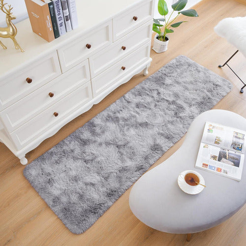 Alfombra Bajada De Cama Peluda 160x60cm 3cm Suave - Norplat Gris Claro Y Blanco Liso