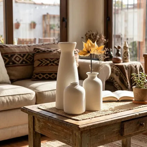3 Floreros Norplat - Jarron Cerámica Decorativos Para Mesa Blanco Lisa