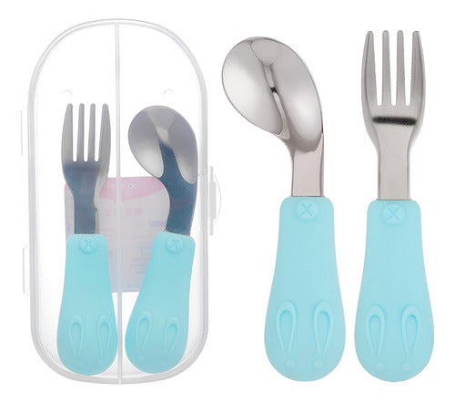 Set De Cubiertos Niño Niña Bebe Cuchara Tenedor Con Estuche Azul