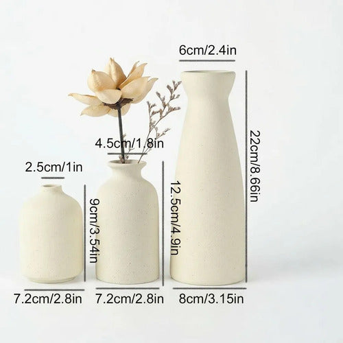3 Floreros Norplat - Jarron Cerámica Decorativos Para Mesa Crema Lisa