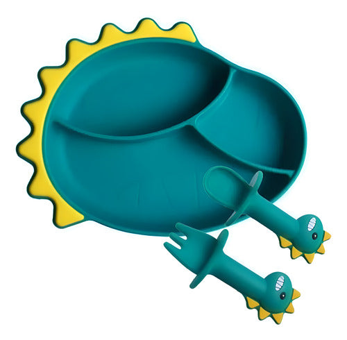 Set Plato De Silicona Dinosaurio Para Bebé Niños + Cubierto Verde Agua / Celeste