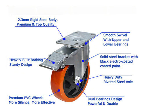 Pack 4 Ruedas Giratorias Para Carros, Muebles, Cama Norplat Naranja