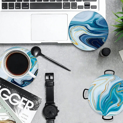 6 Posavasos Cerámica Corcho Con Soporte Para Mesa - Norplat Mármol Azul Turquesa