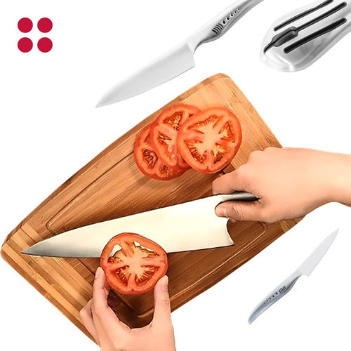 Set 3 Cuchillos Con Bloque - Cukin Plateado