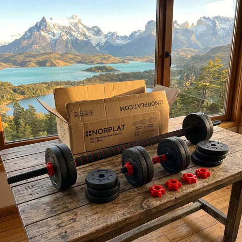 Set Norplat 2 Mancuernas + Barra + 20kg Discos Pesas Rojo Negro