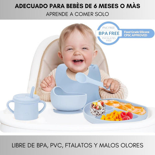 Set Alimentación Bebe Silicona 8 Piezas Bpa Free - Norplat Celeste