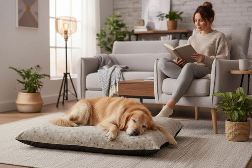Cama Perros Norplat Colchon 90x70cm Grande Relax Almohadon Beige Claro Huesos