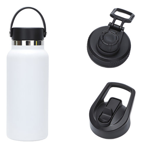 Termo Botella Agua Termica Acero Inoxidable 740ml + 3 Tapas Blanco