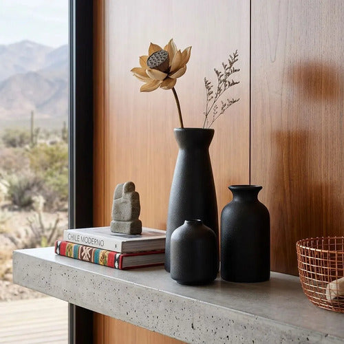 3 Floreros Norplat - Jarron Cerámica Decorativos Para Mesa Negro Lisa