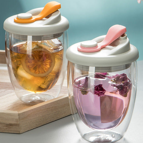 Taza Cafe Doble Vidrio Te Vaso Mug Tapa Antiderrame Norplat Naranja Liso