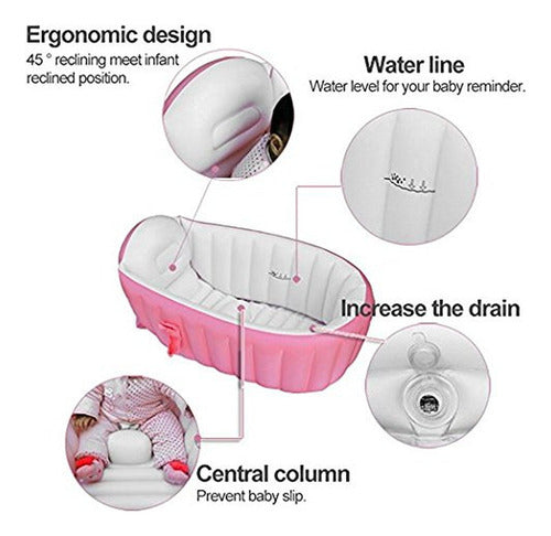 Tina Baño Bebe Portatil Bañera Plegable + Inflador - Norplat Rosa Lisa