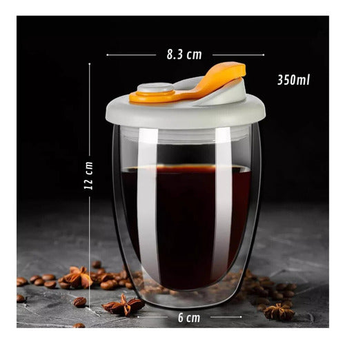 Taza Cafe Doble Vidrio Te Vaso Mug Tapa Antiderrame Norplat Naranja Liso